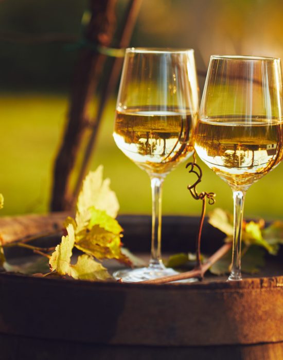 Two full glasses of white wine on wooden barrel in autumn