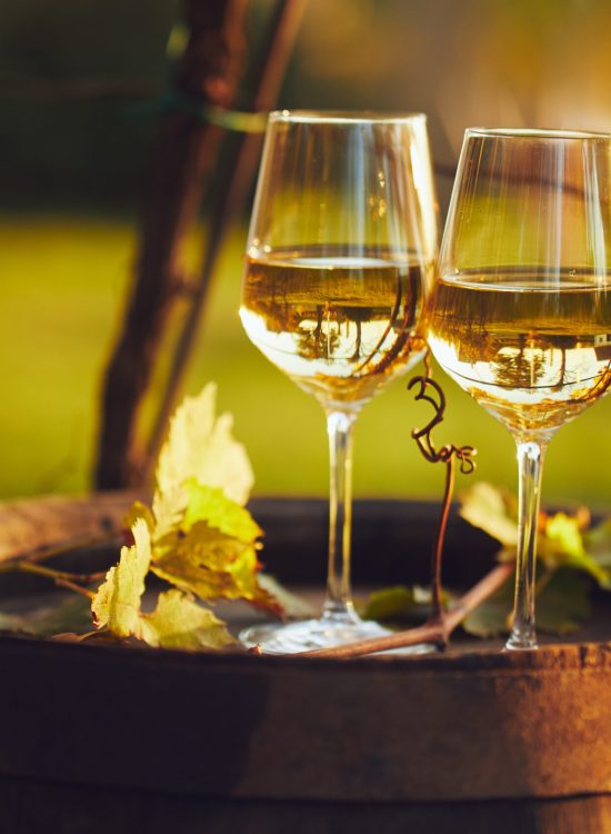Two full glasses of white wine on wooden barrel in autumn