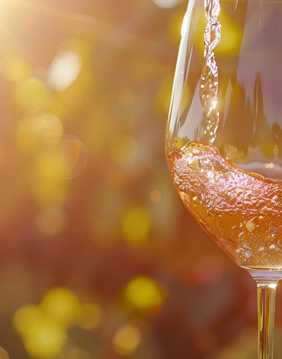 Rose Wine Pour in Sunlight glass of rose wine being poured backlit by golden sunlight with a vineyard blur : Generative AI